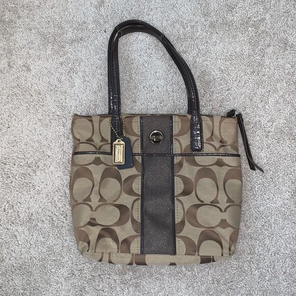 Coach Signature Canvas Jacquard Slim Shoulder Stripe Tote Bag Tan and Brown - Picture 1 of 11